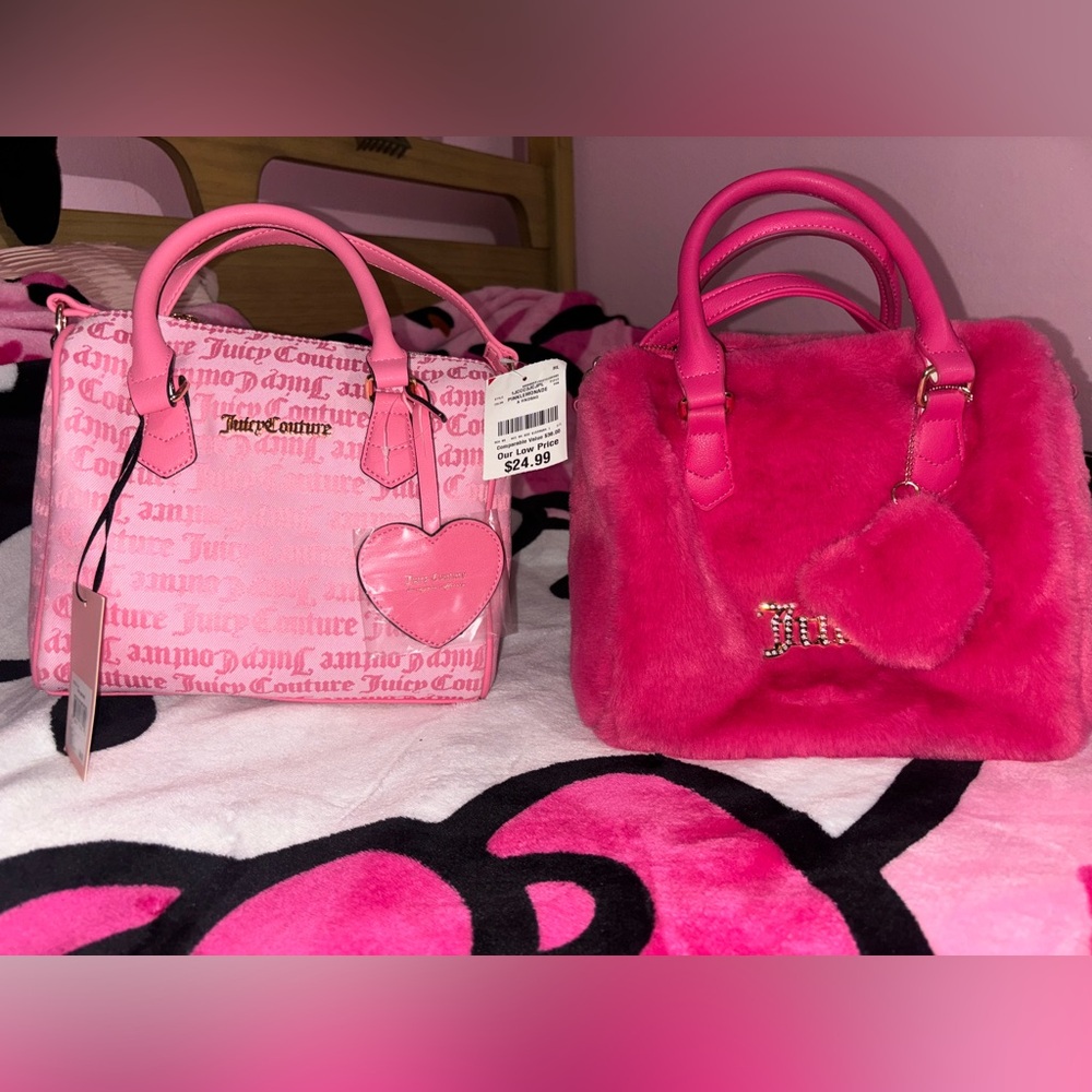 Pink and fuzzy Hot Pink Juicy Couture purses. Each purse selling for 24 dollars.